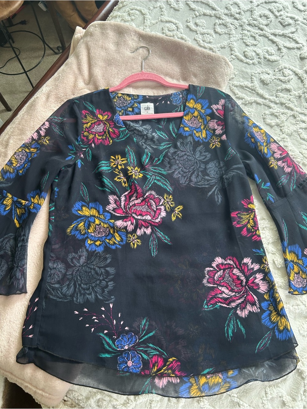 CAbi Black Sheer V-Neck Blouse with Pink, Blue & Yellow Floral Design